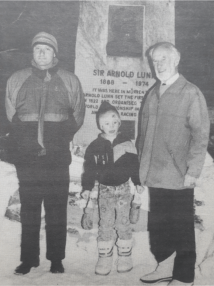 Left to right: Stephen Lunn, Will Lunn, Peter Lunn, unveiling a plaque on the Arnold Lunn memorial in Mürren, 1988, marking the centenary of his birth.